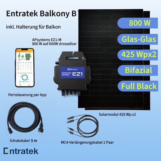 Entratek Balkony M | Balkonkraftwerk 800W/850Wp Komplettset | inkl. 5m Schukokabel